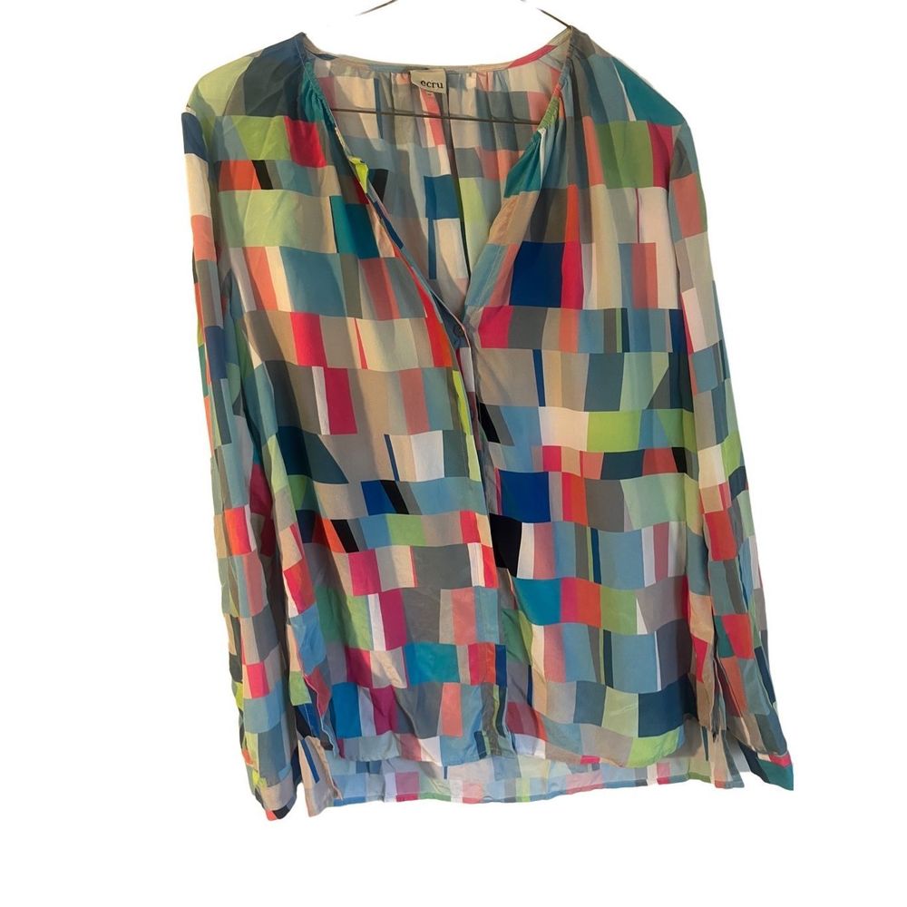 Ecru 100% silk multicolor blouse size M 70-s style